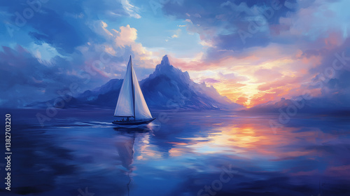Sailboat by Tropical Island with Mountains