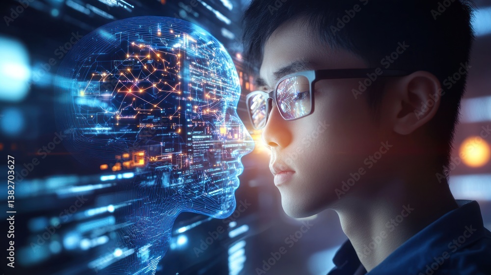 Futuristic interface concept: Man interacting with artificial intelligence hologram