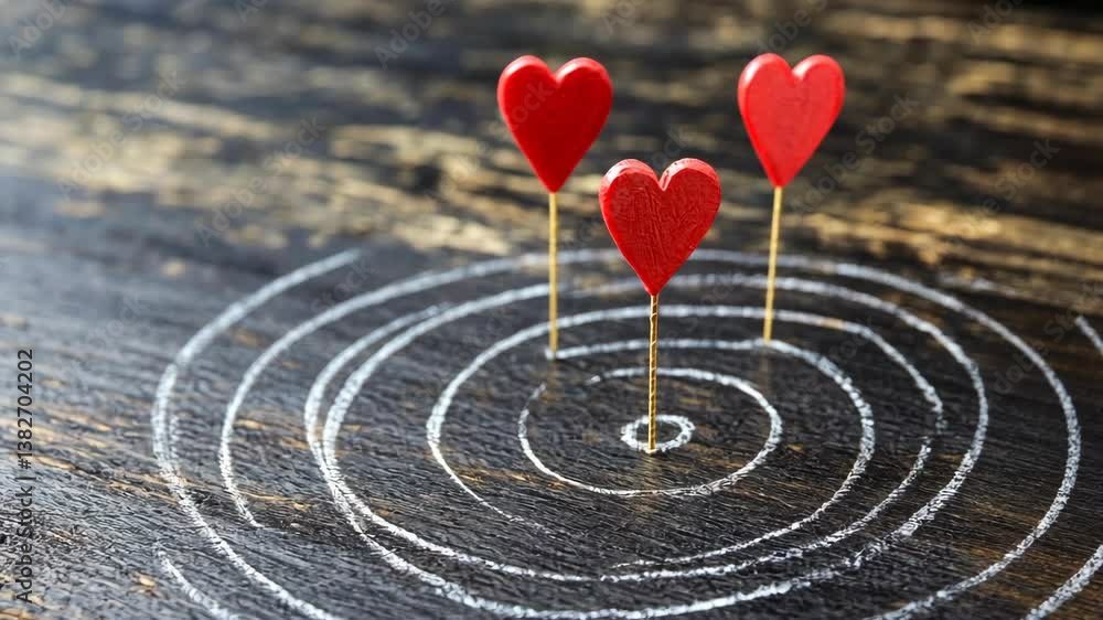 Red hearts on wooden surface create ripples in chalk circles representing love and connection during a creative art display