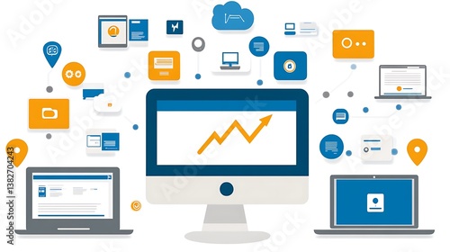 Wallpaper Mural Modern digital devices interacting to show data and connected information Torontodigital.ca