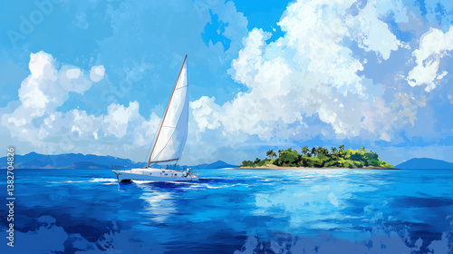 Sailboat by Tropical Island with Mountains
