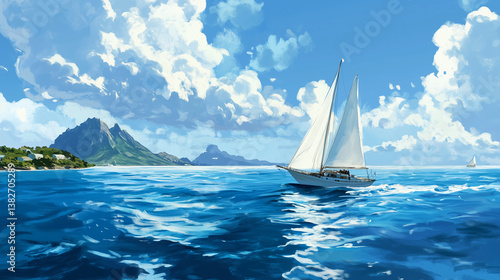 Sailboat by Tropical Island with Mountains