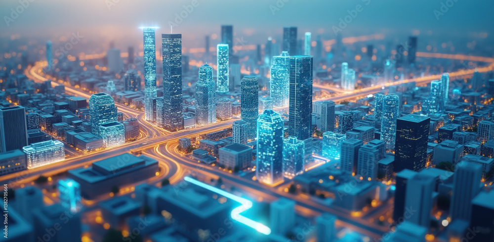 Obraz premium stunning urban environment showcases futuristic cityscape with glowing buildings and vibrant lights, emphasizing goal of net zero emissions