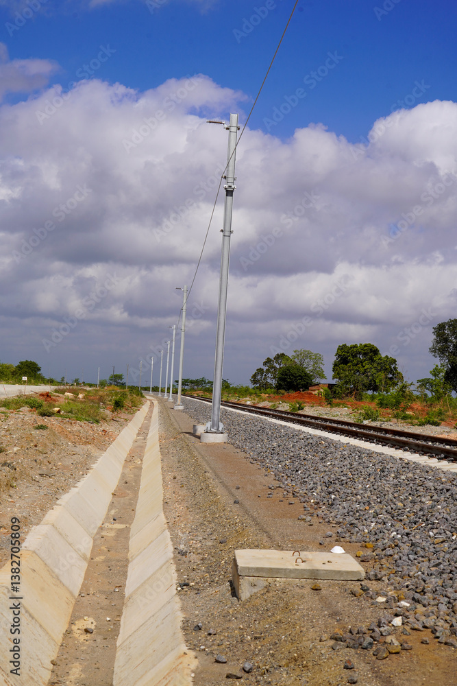 Fototapeta premium Railway View Stretching Across Green Fields Under a Cloudy Sky