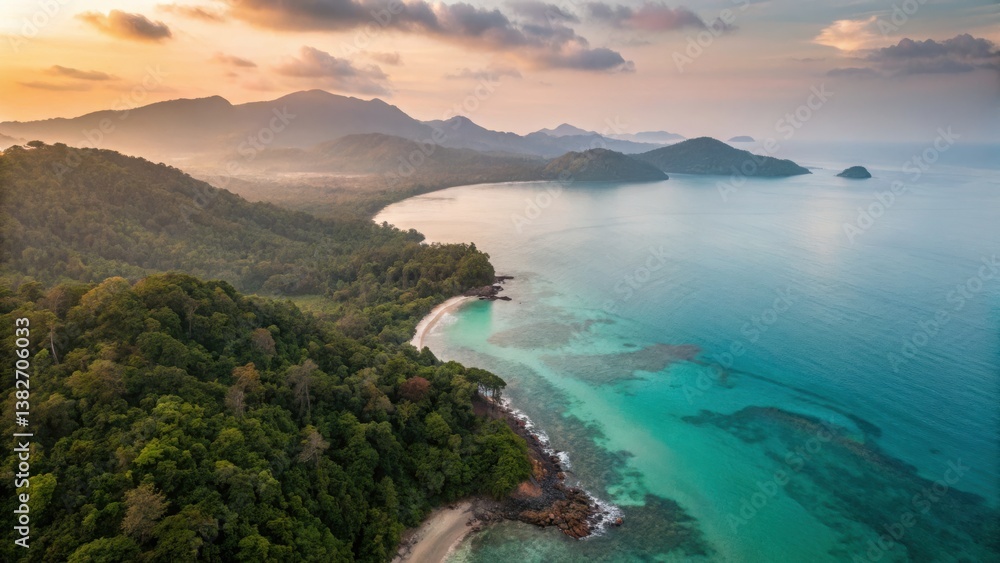 Fototapeta premium Koh Chang Beach Island Satun Thailand Aerial view of a serene coastline with lush green hills and clear turquoise waters at sunset.