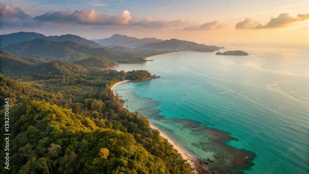 Fototapeta premium Koh Chang Beach Island Satun Thailand A breathtaking aerial view of a serene coastline surrounded by lush greenery and tranquil waters.