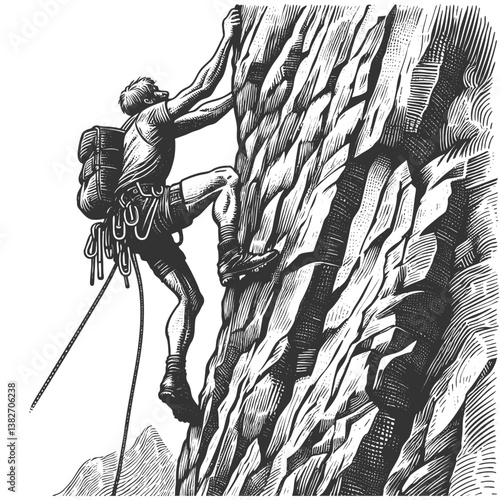 muscular man alpinist rock climbing on a steep cliff, gripping rugged rocks with determination and strength sketch engraving generative ai vector illustration. Scratch board. Black and white image.