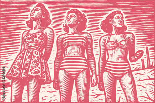 Vector illustration depicting three women in retro 1950s swimwear. Bold linocut or woodcut print style captures vintage beach fashion and strong female figures.