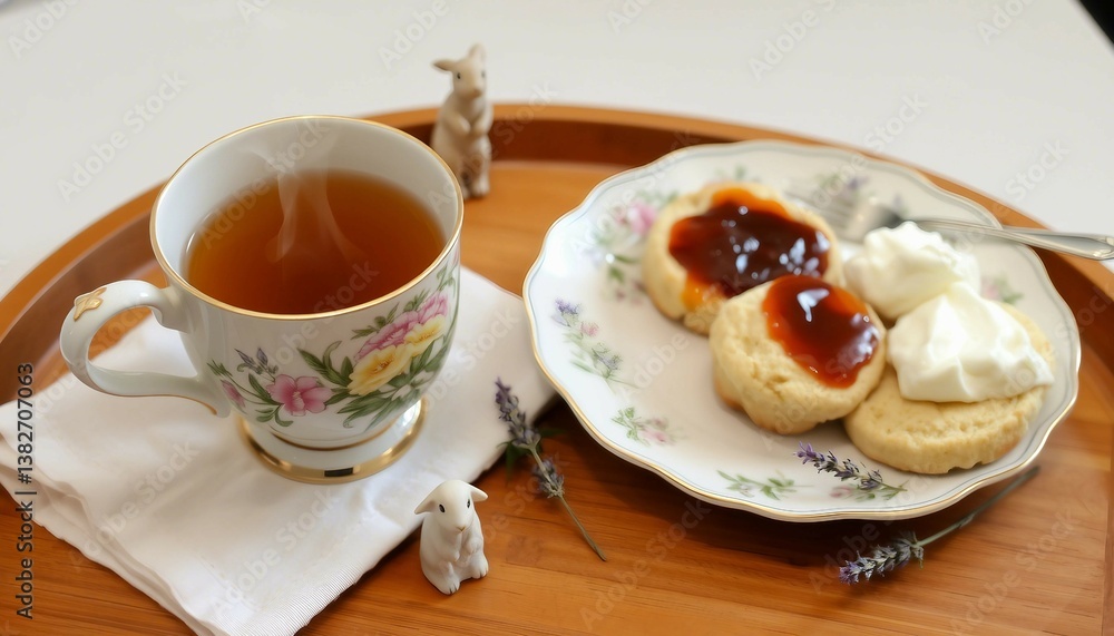 A delightful breakfast arrangement featuring a cup of tea, crumpets with jam and cream, and an ornamental decor element, creating a serene and inviting ambiance.
A delightful breakfast arrangement featuring a cup of tea, crumpets with jam and cream, and an ornamental decor element, creating a serene and inviting ambiance.