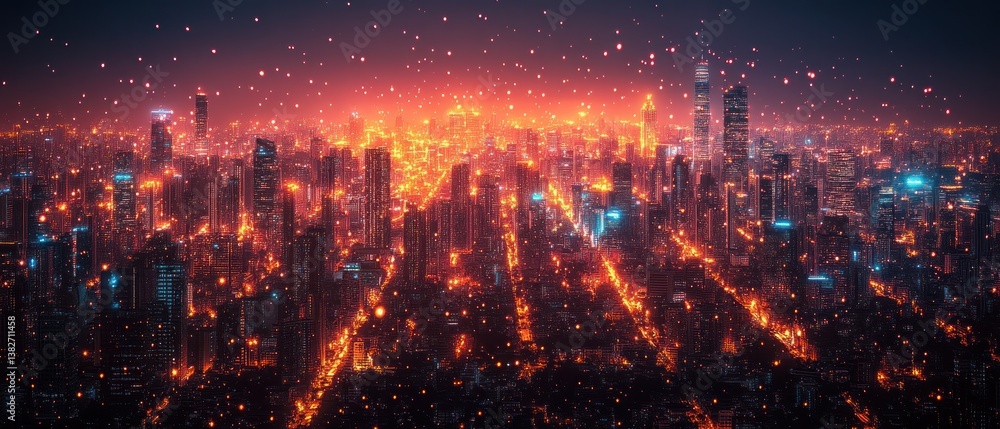 Fototapeta premium Night Cityscape: A mesmerizing view of Shanghai's illuminated skyline at night, glowing with a fiery orange hue, under a sky sprinkled with vibrant particles.