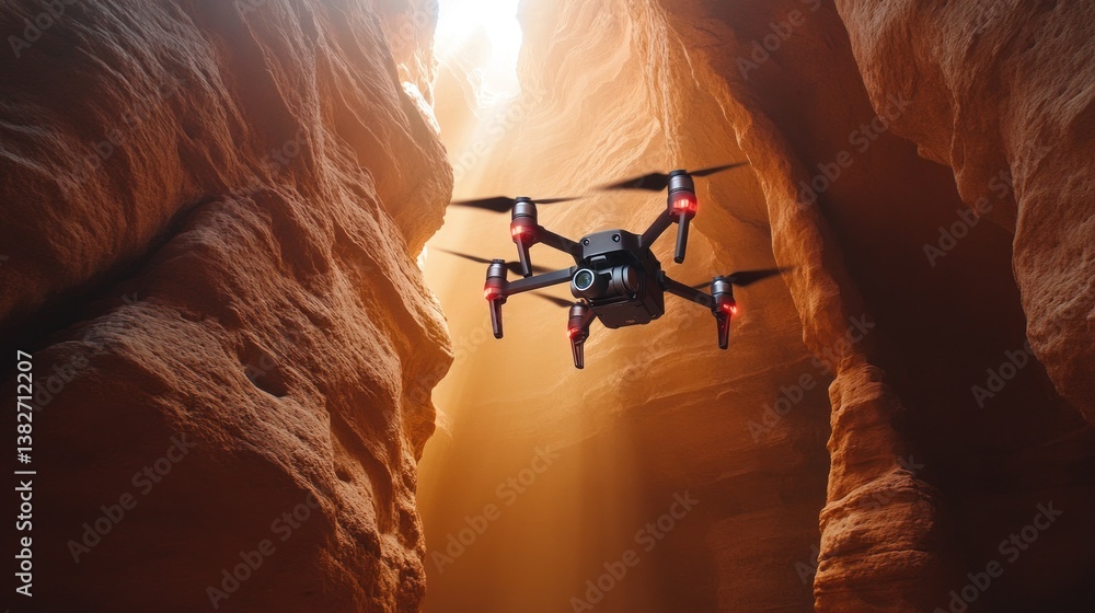 Drone soars through a secluded canyon, bathed in golden sunlight adventure awaits