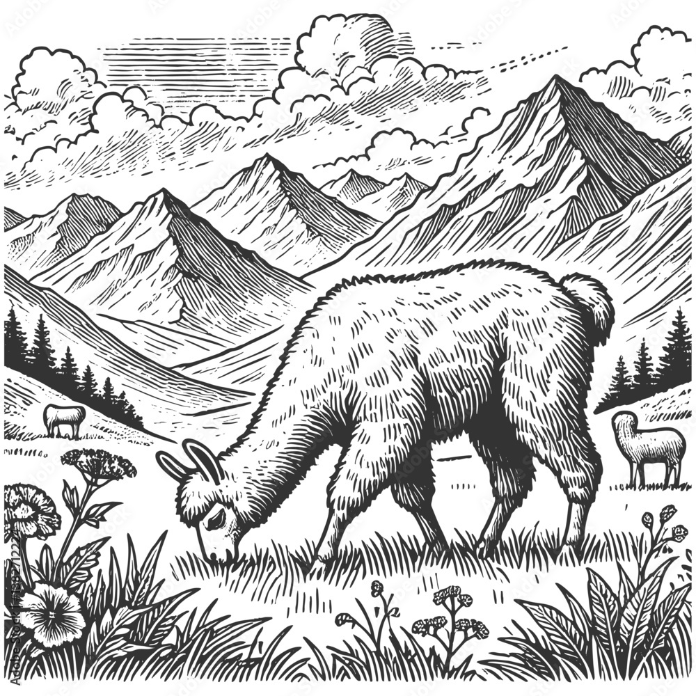 Obraz premium llama grazing in a high-altitude mountain valley, surrounded by rugged peaks and natural vegetation, engraved, woodcut style sketch engraving generative ai vector. Scratch board. Black and white.