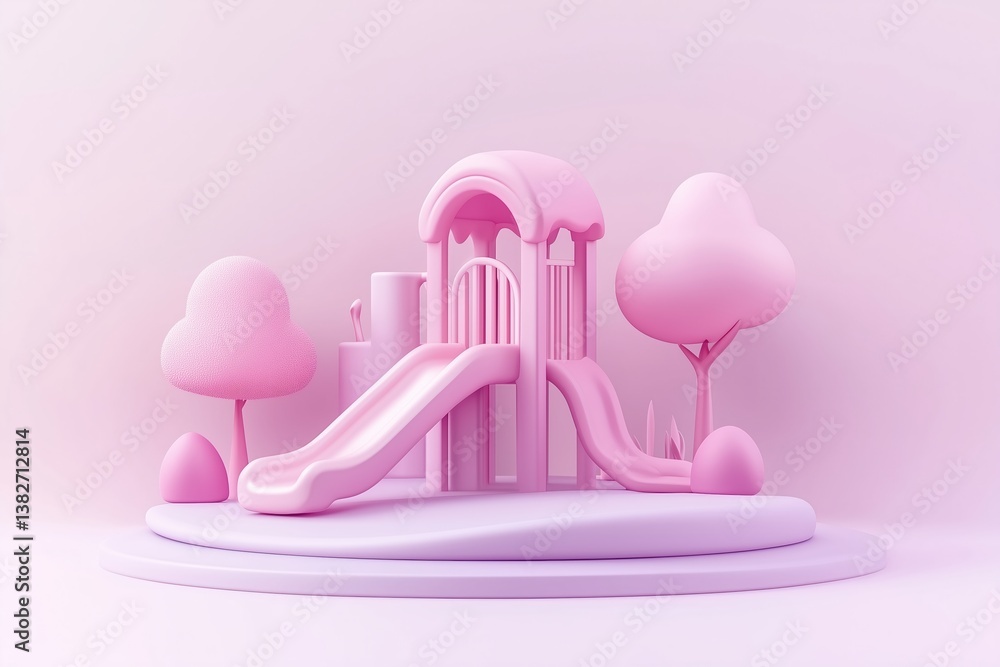 Pink abstract 3D playground with slide and trees in minimalist design Pink abstract 3D playground with slide and trees in minimalist design