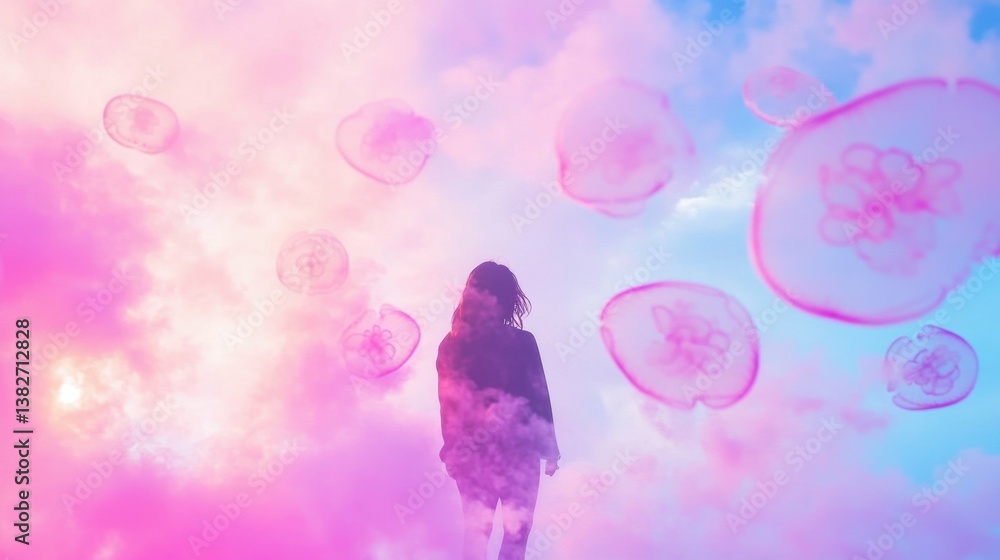 Fototapeta premium Dreamy silhouette of female in surreal pink and blue jellyfish cloudscape