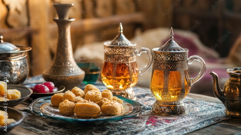 Elegant Ramadan tea service with traditional pastries and ornate serving vessels