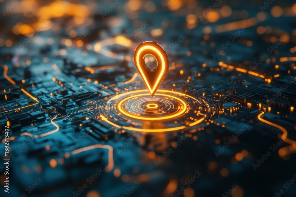 Fototapeta premium Close-up of a glowing GPS pin in a futuristic digital map, showcasing sci-fi ambiance and neon pathways.