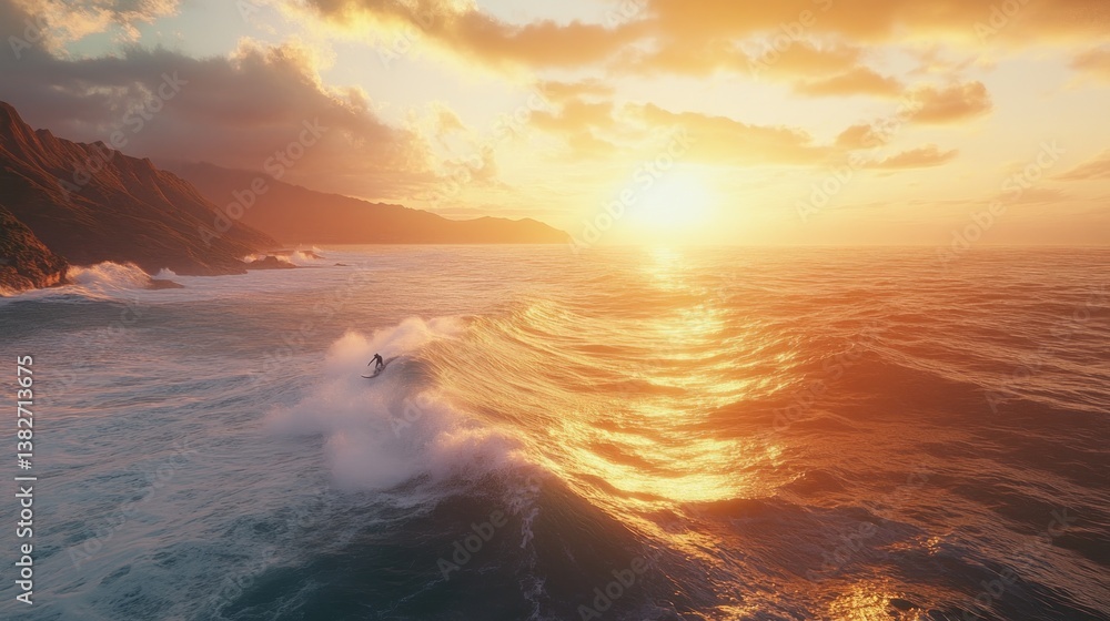 Epic sunset surf session: A lone surfer carves through golden waves at twilight