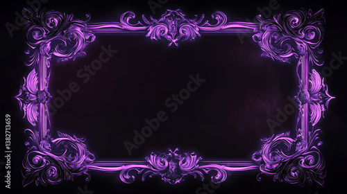 Purple classic frames set isolated on black background. Vector realistic illustration of blank rectangular borders with victorian style neon line ornament, game button, user interface design elements