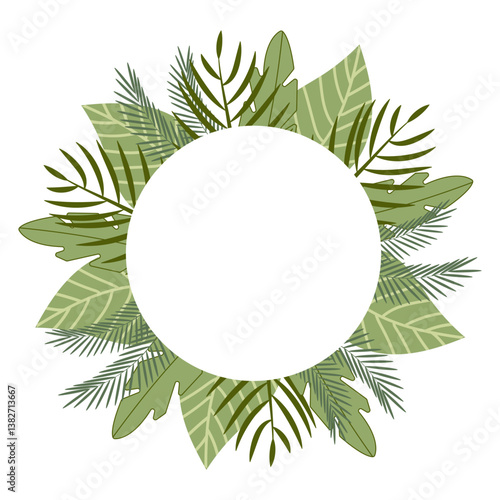 A circular text frame crafted from lush green branches and leaves. A stylish botanical wreath, ideal for invitations, greeting cards, branding, and nature-inspired designs. 