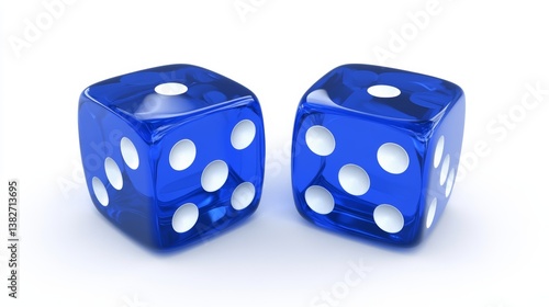 Two blue dice placed on a white surface are ready for a game, showing transparent design with visible white dots indicating numbers, capturing a moment of chance and excitement