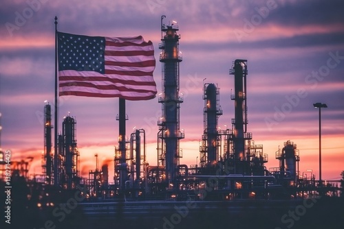 USA flag with oil refinery image, illustrating the concept of oil refinery tariffs.