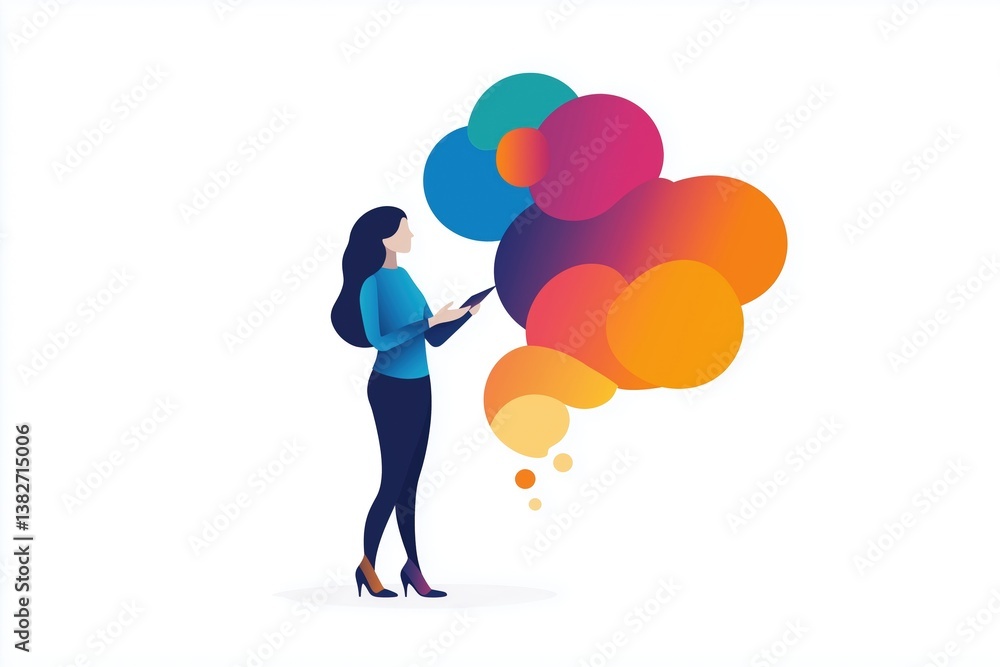 Female character illustration holding tablet with colorful thought bubbles above Female character illustration holding tablet with colorful thought bubbles above