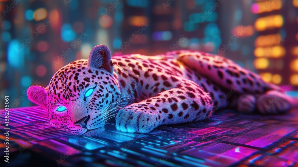 Futuristic neon leopard lounging on rooftop cityscape, vibrant modern design