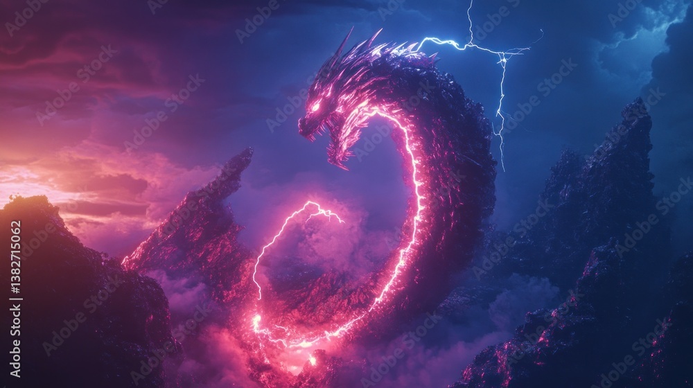 Futuristic iridescent dragon soaring amidst neon clouds and lightning flashes