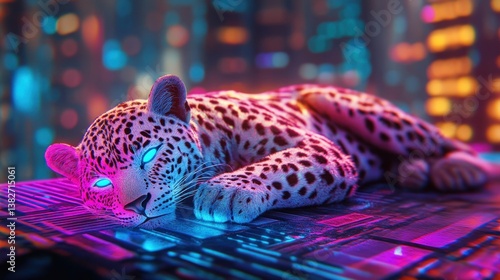 Obraz na płótnie Futuristic neon leopard lounging on rooftop cityscape, vibrant modern design w salonie