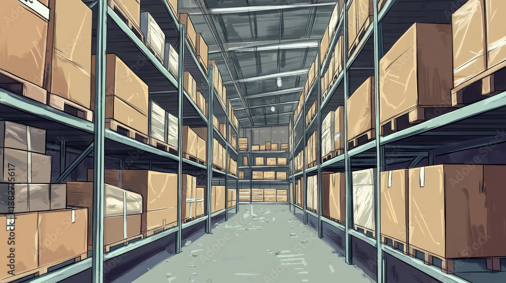 Fototapeta premium Warehouse interior with cardboard boxes on metal racks. Vector cartoon illustration of empty storage room interior with goods, cargo and parcels on shelves. Storehouse in store, garage, market