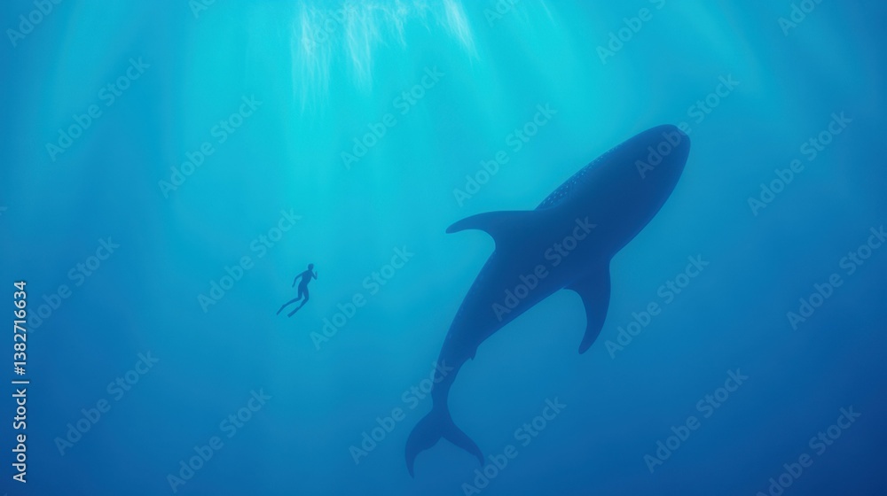 Fototapeta premium Diver swimming next to majestic whale shark in deep blue ocean
