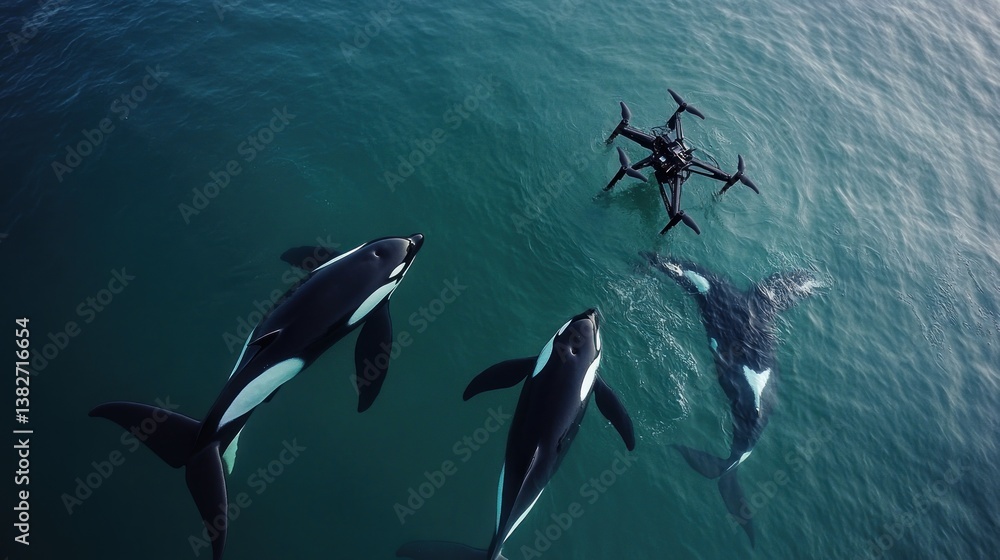 Aerial view of orcas swimming alongside a drone in the deep blue ocean