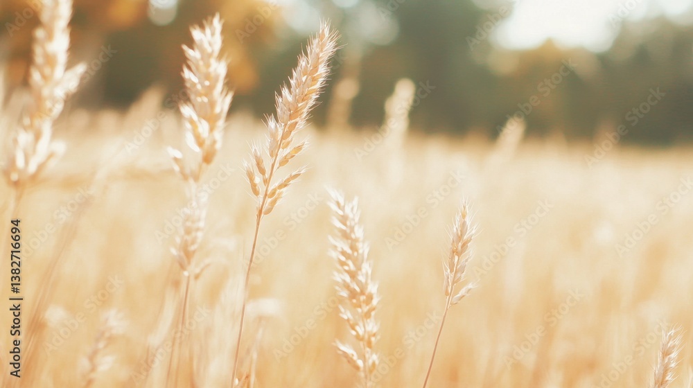 Fototapeta premium Golden wheat field bathed in warm sunlight with natural bokeh effect