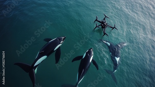 Obraz na płótnie Aerial view of orcas swimming alongside a drone in the deep blue ocean w salonie