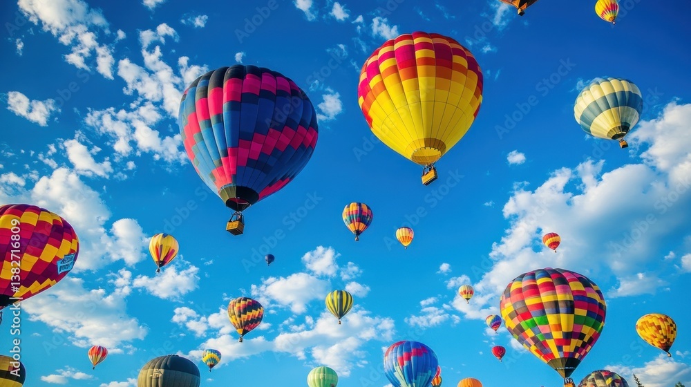 Spectacular hot air balloons festival against vibrant blue sky and fluffy clouds