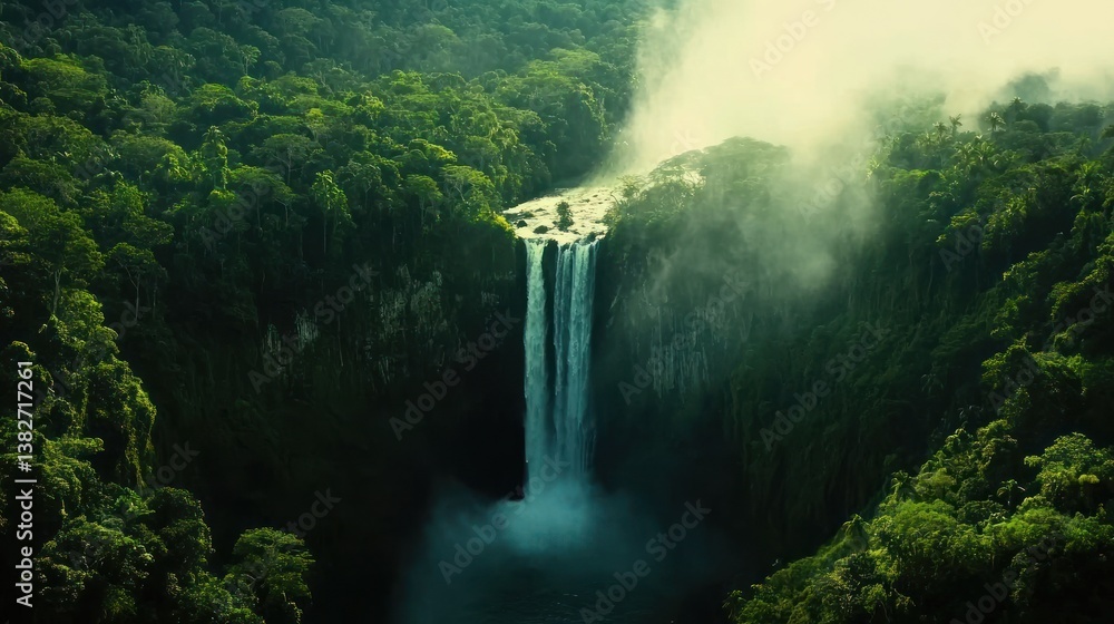 Majestic waterfall cascading through a vibrant rainforest landscape with ethereal mist