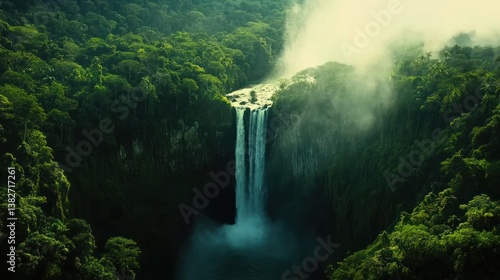 Obraz na płótnie Majestic waterfall cascading through a vibrant rainforest landscape with ethereal mist w salonie