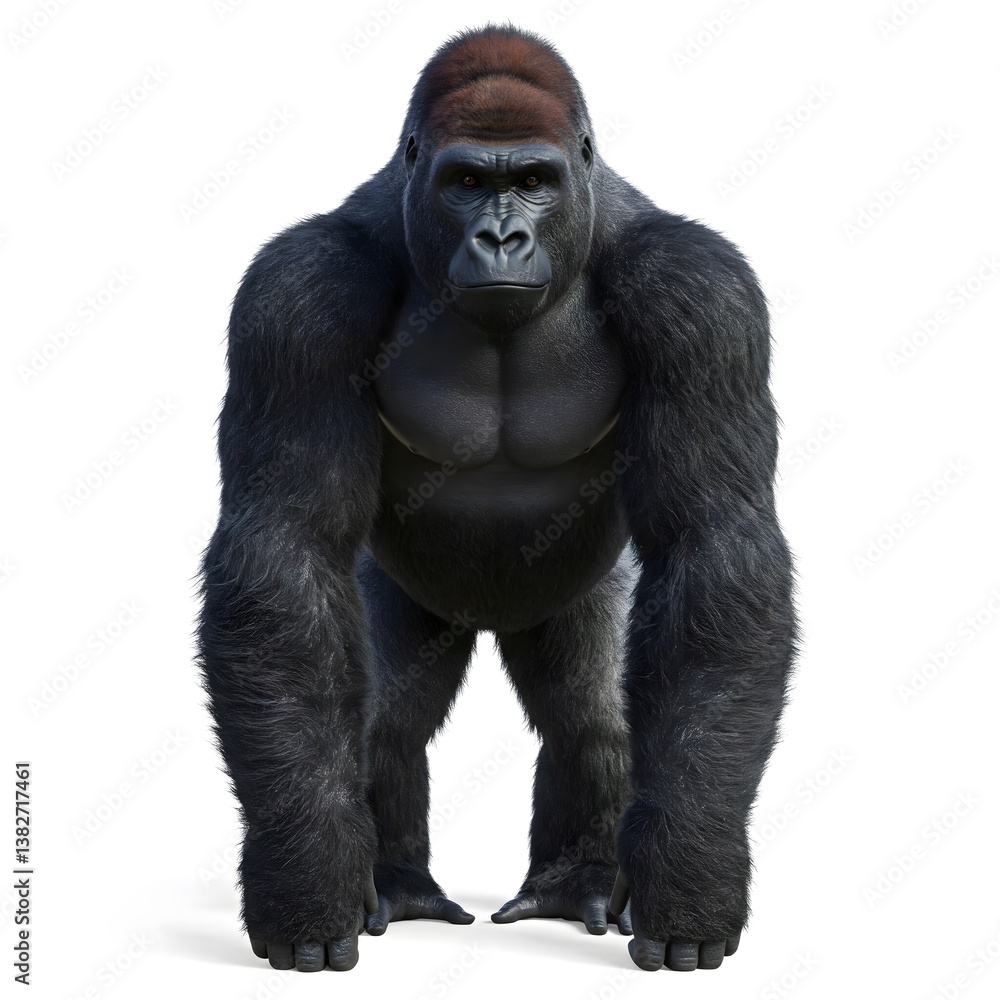 A muscular gorilla with dark fur and a reddish-brown head stands upright on all fours against a plain white background. A muscular gorilla with dark fur and a reddish-brown head stands upright on all fours against a plain white background.