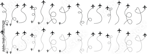 Airplane line paths icon set. Aircraft tracking planes, travel, map pins, location pins vector collection isolated on transparent background. Romantic travel, heart dashed line trace and plane routes.