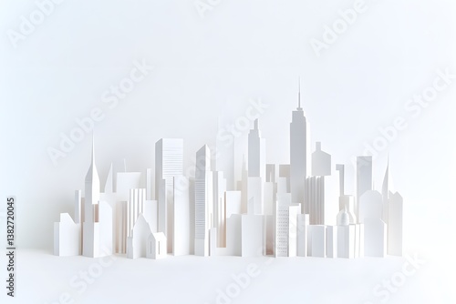 Paper city skyline model on white background