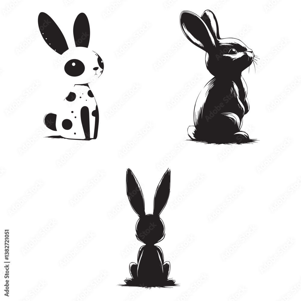Fototapeta premium set of three pictures of cute hare figurines, black and white, white background, vector, graphics 