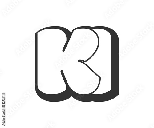 KI logo, bubble comic lettering, rounded in graffiti style black and white silhouette. Trendy preschool K and I letter text for festival party, personal initials, children funky print and web.