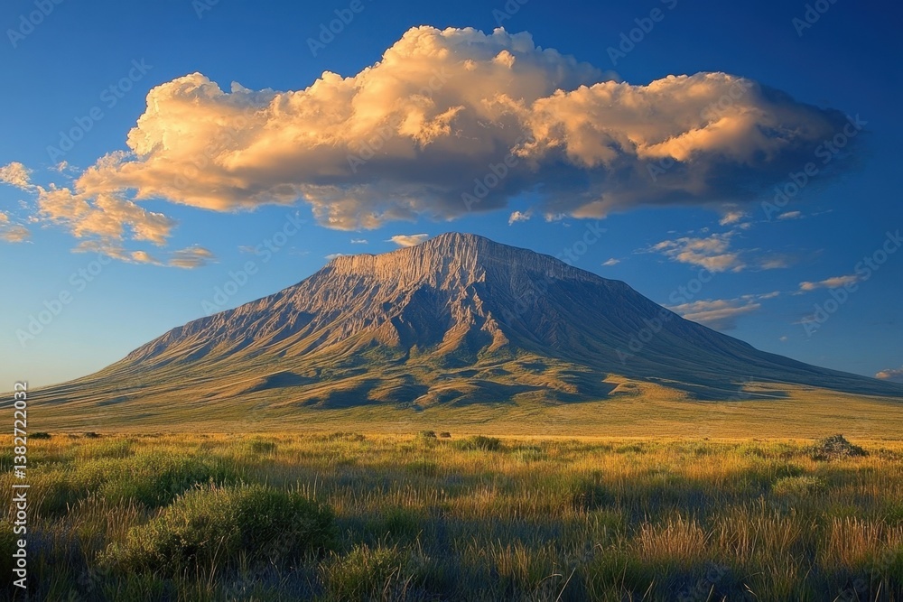 Obraz premium Majestic mountain rises under bright clouds in the golden hour of daylight