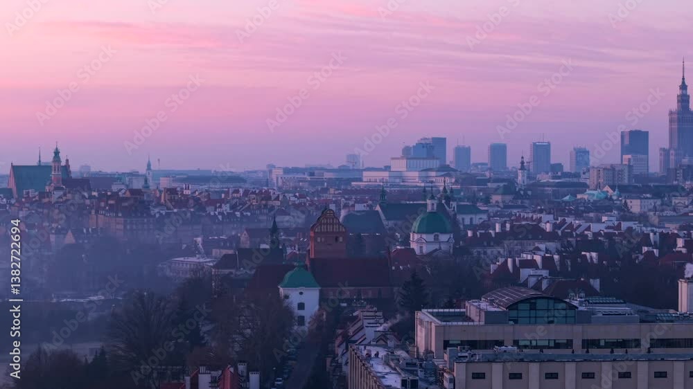 Aerial shot of Warsaw with the Palace of Culture and Science, misty morning scene Aerial shot of Warsaw with the Palace of Culture and Science, misty morning scene