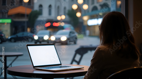 A woman sits at a table in a cafe, her laptop open in front of her. The screen of her computer is white, and the view from behind her back shows the city street lights outside the window.