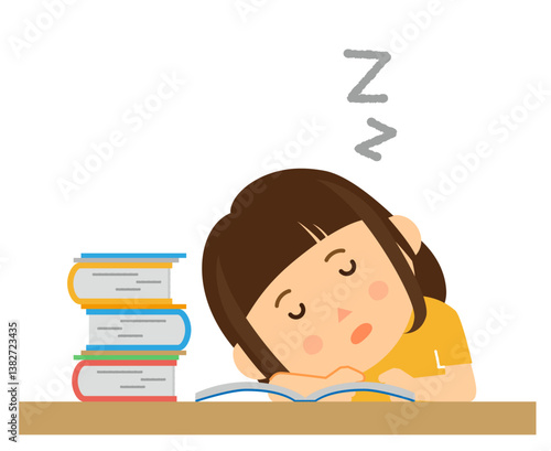 子供女子勉強居眠り疲れ小学生黄色ペンZZ寝る参考書本