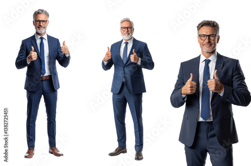 Full body of a senior man in a business suit showing a thumbs up, isolate on white background. Set Collection Png.
