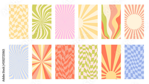 Set of vintage retro backgrounds in 80s style. Retro aesthetics of hippie, groovy. Sun rays, spirals, twisted lines, checkerboard pattern. Vector bg
