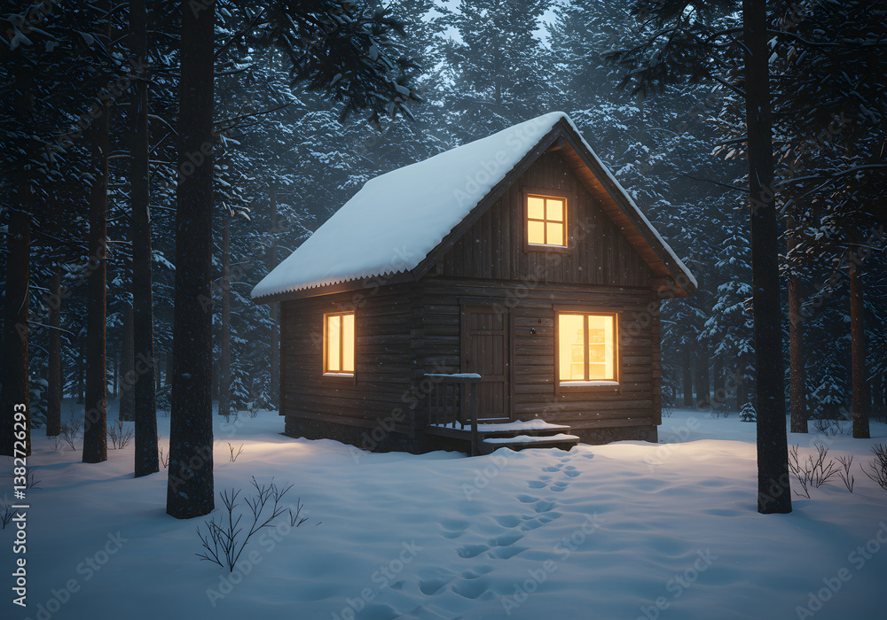 Log cabin in snowy pine forest at night Log cabin in snowy pine forest at night