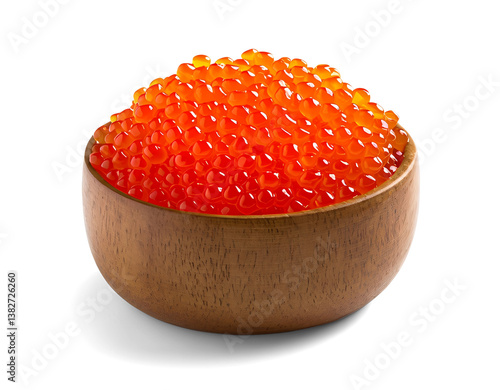 Orange fish roe in the wooden bowl, Isolated tobiko orange in the small wood bowl